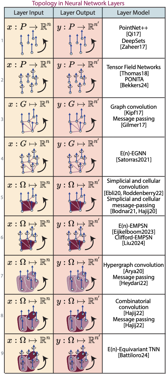 Topology in neural network layers: a taxonomy of layers by the structure of their topological domains (sets, graphs, complexes, hypergraphs) and signal codomains.